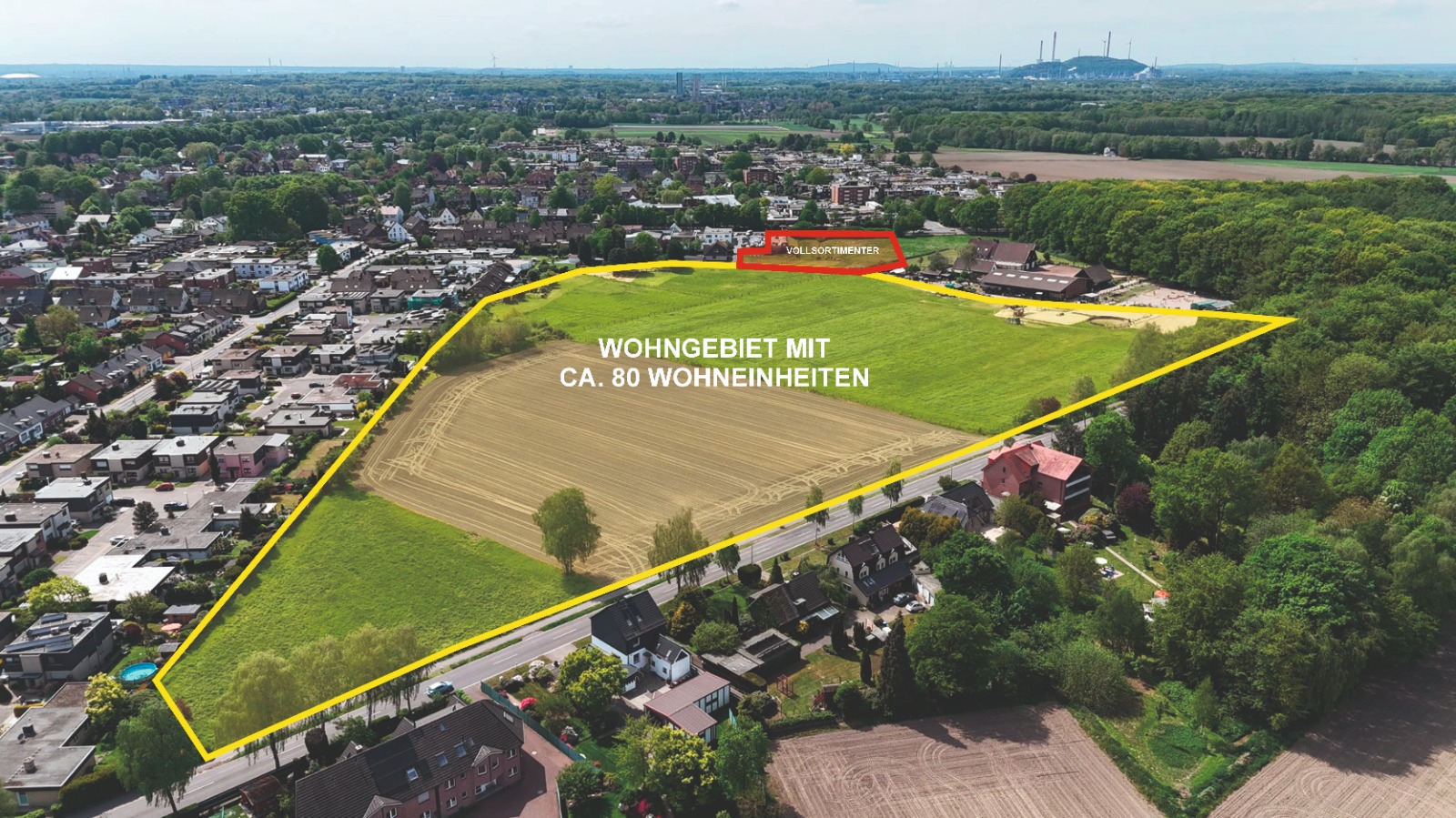 Luftbild der betroffenen Flächen mit Markierung — Ausmaß der geplanten Bebauung